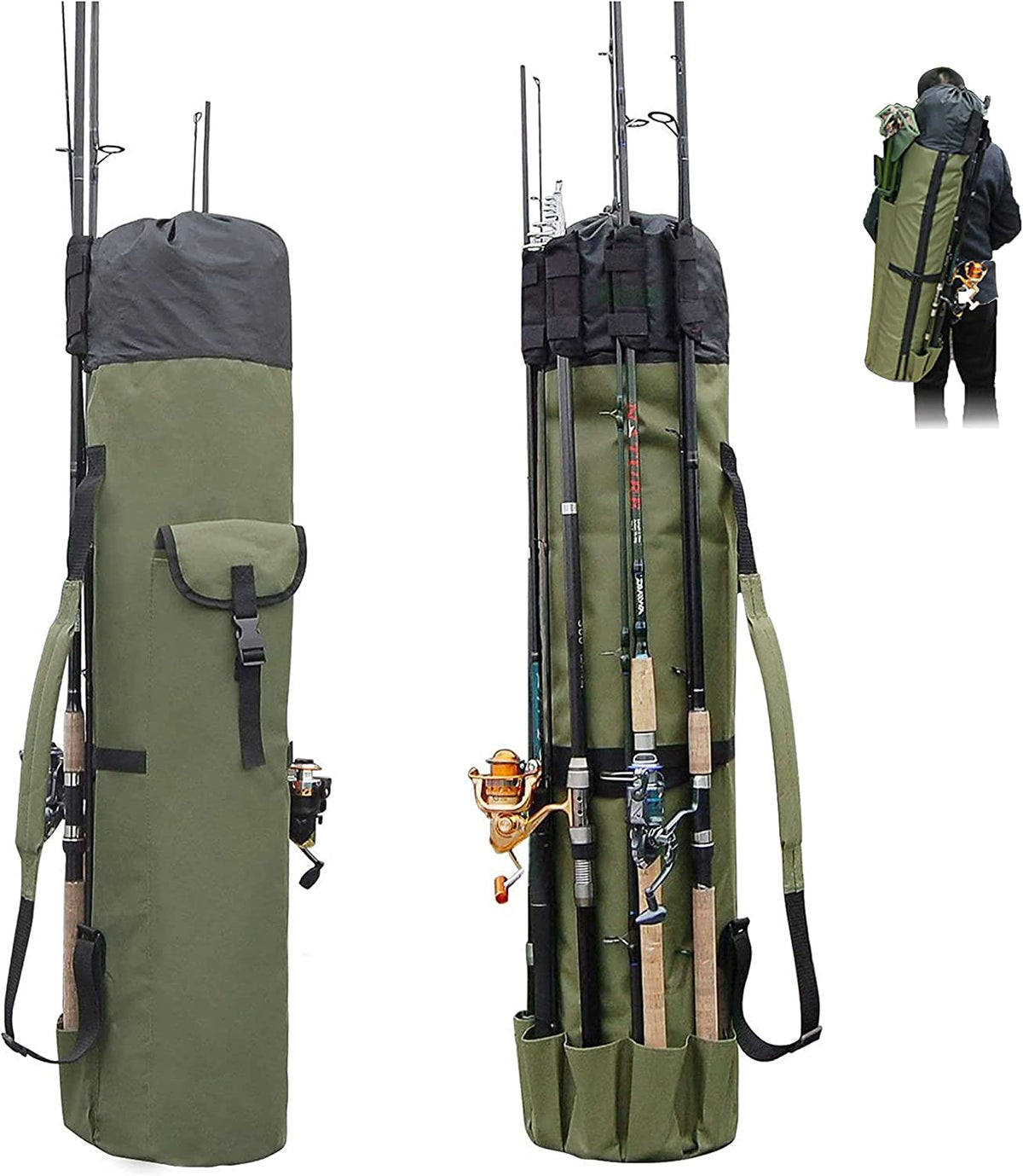 Multifunction Fishing Pole Bag - Waterproof Rod Reel Bag Carrier Case, Durable Canvas Tackle Large Storage Gift for Men Travel, Khaki